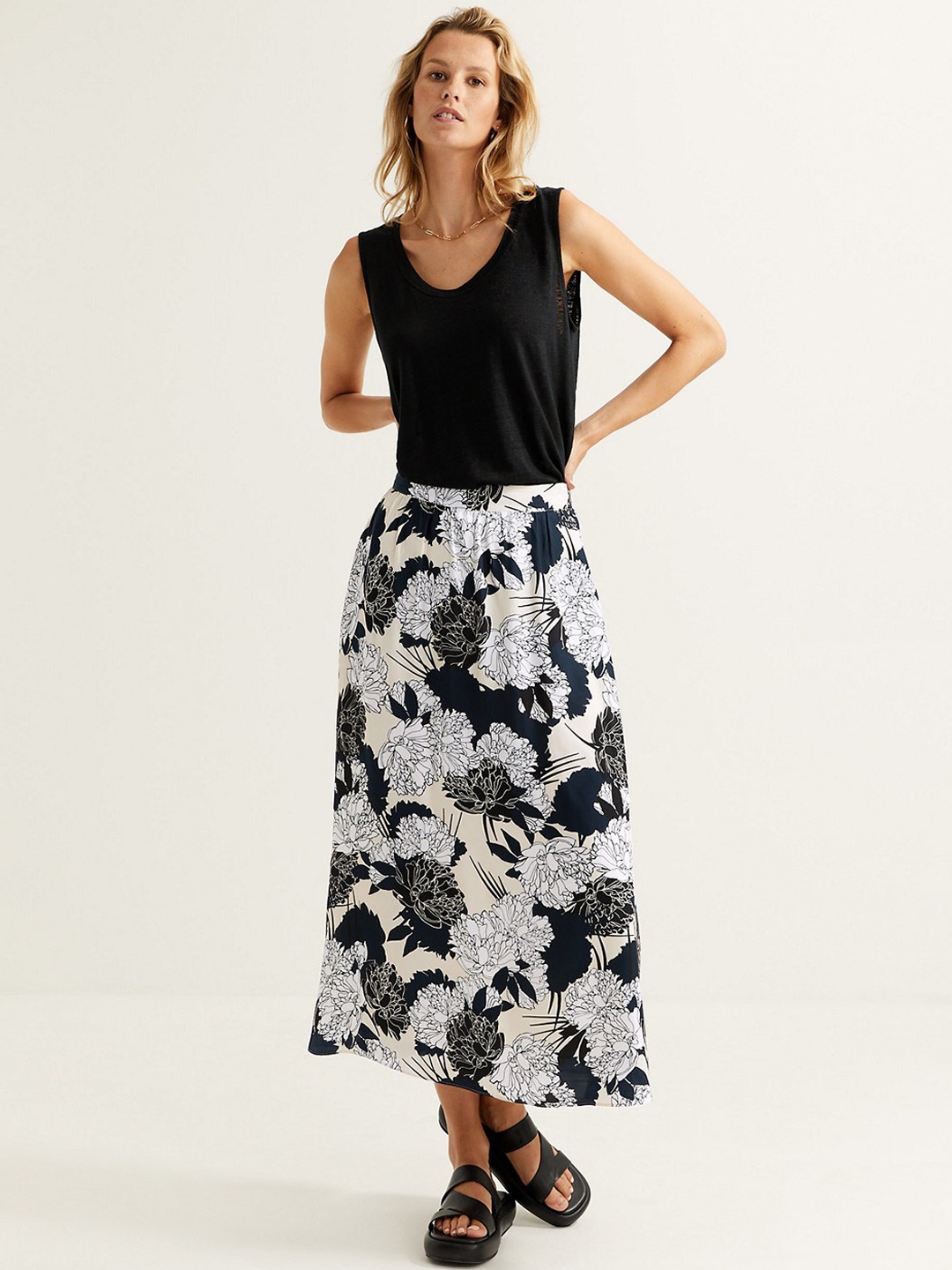

Marks & Spencer Floral Printed A-Line Slip On Midi Skirt, Black