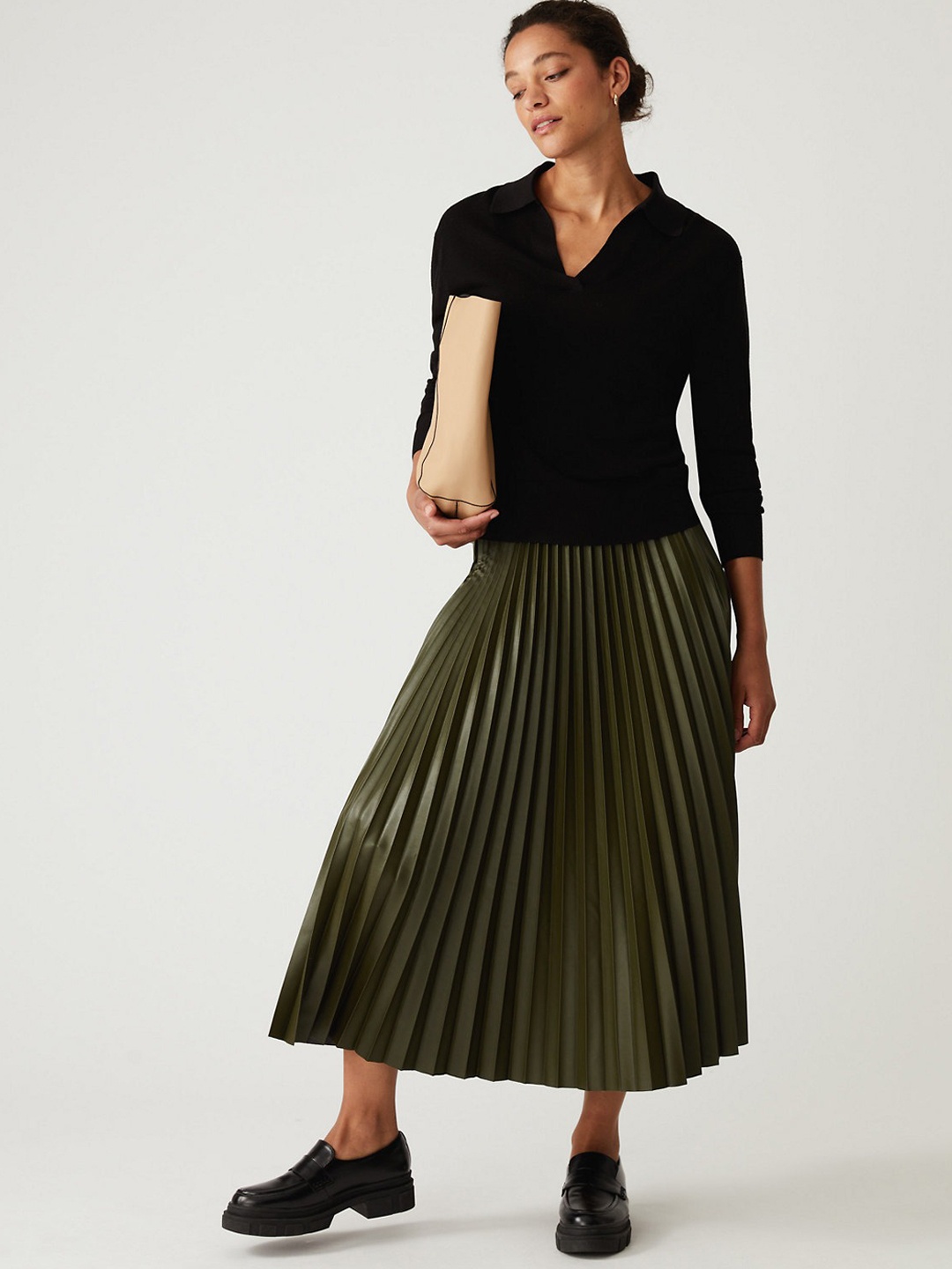 

Marks & Spencer Pleated Midi Flared Skirt, Khaki