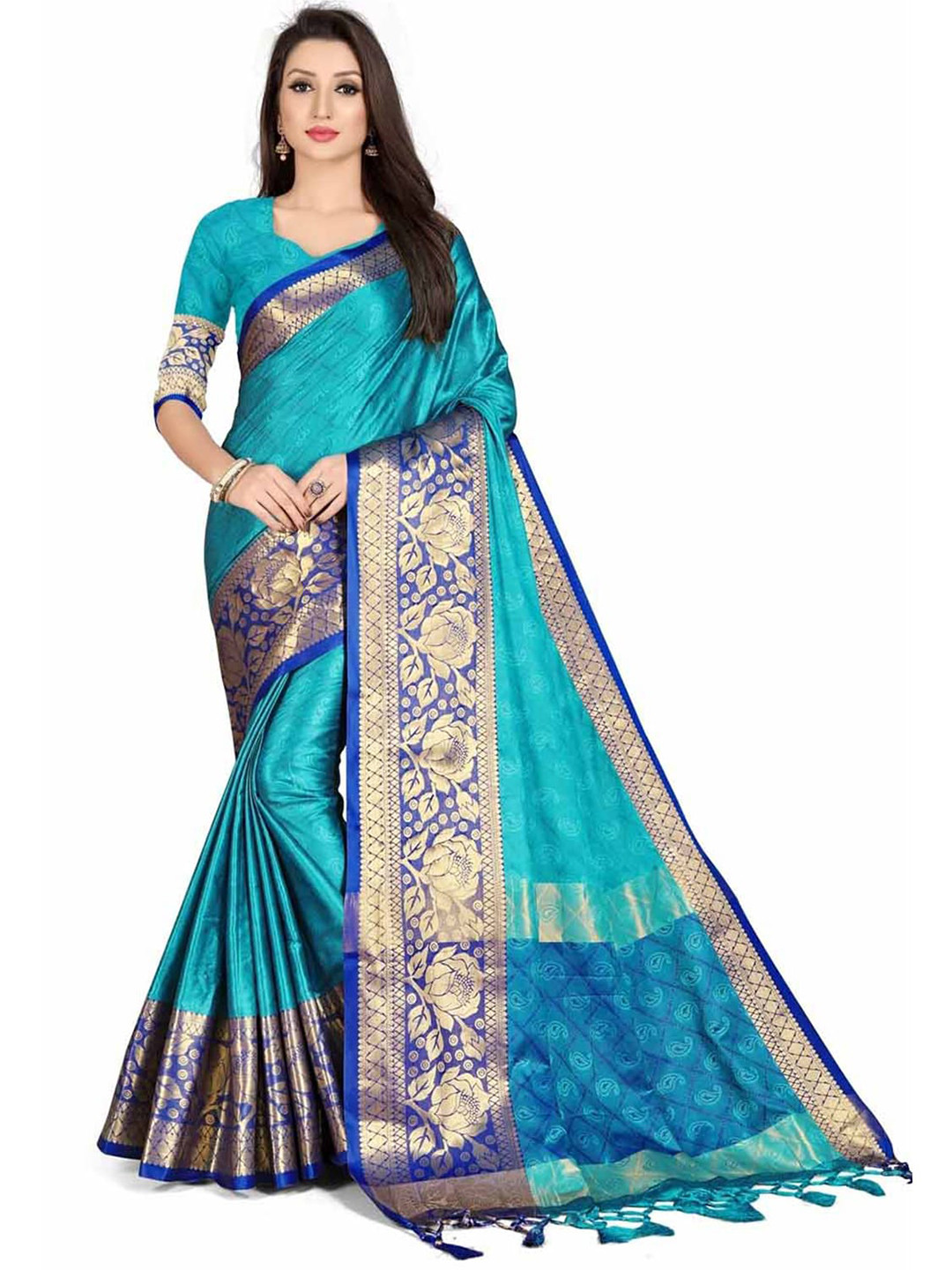 

Leeza Store Woven Design Zari Banarasi Saree, Turquoise blue