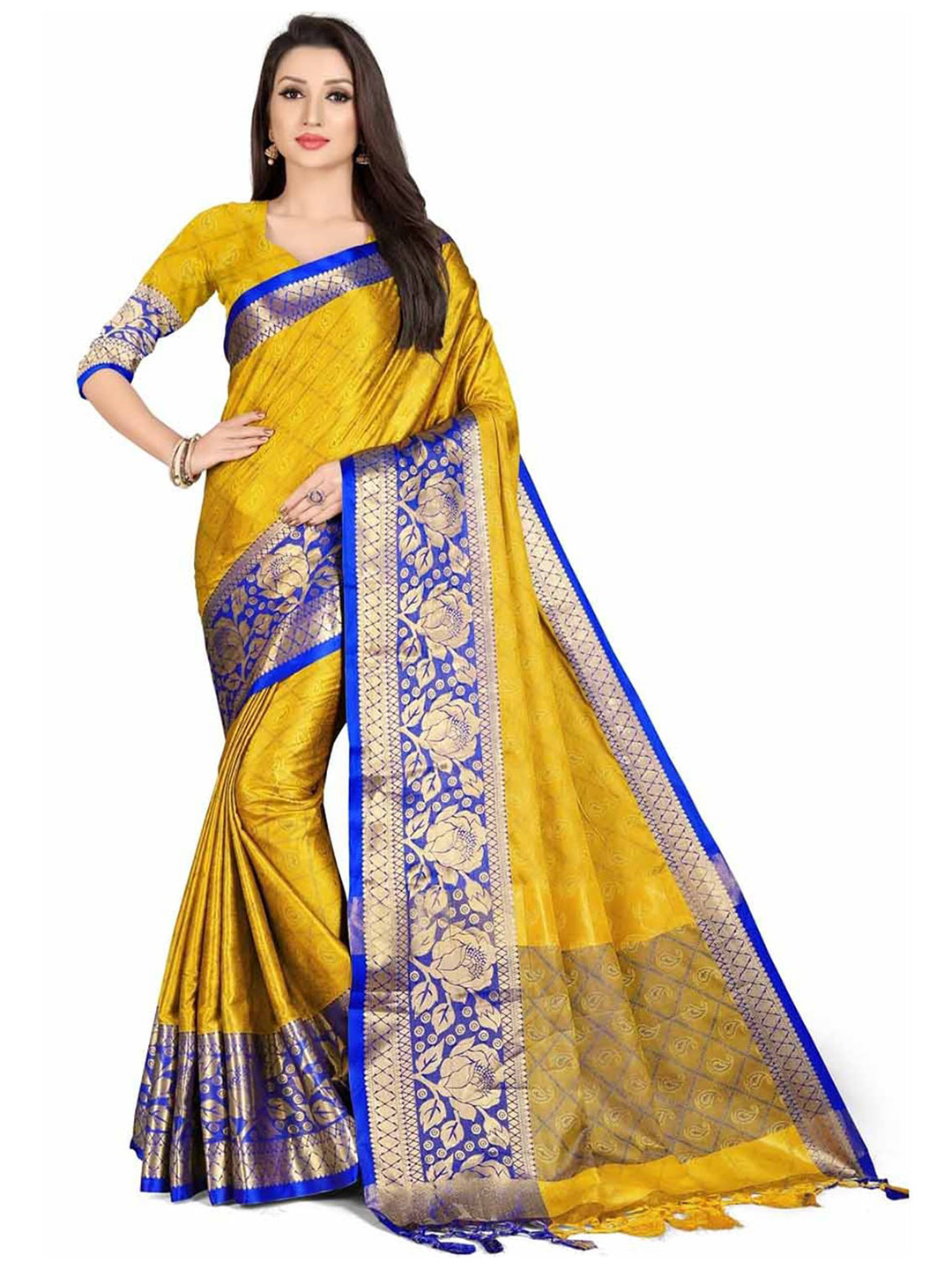 

Leeza Store Woven Design Zari Silk Blend Banarasi Saree, Yellow