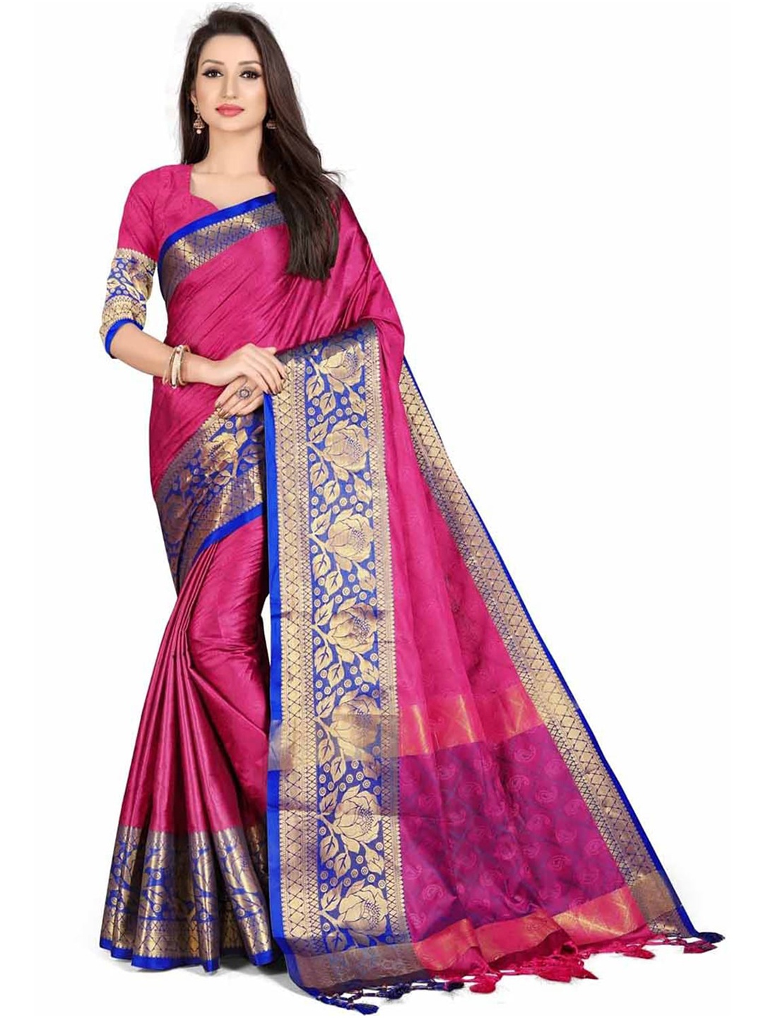 

Leeza Store Zari Silk Blend Banarasi Saree, Pink