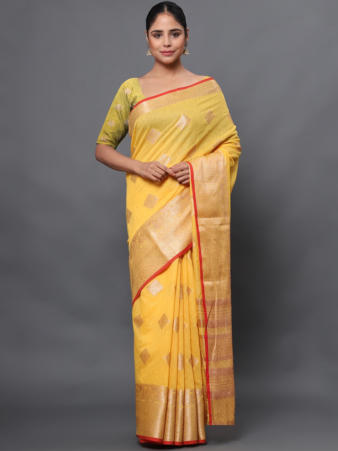 

Leeza Store Woven Design Zari Linen Blend Banarasi Saree, Mustard