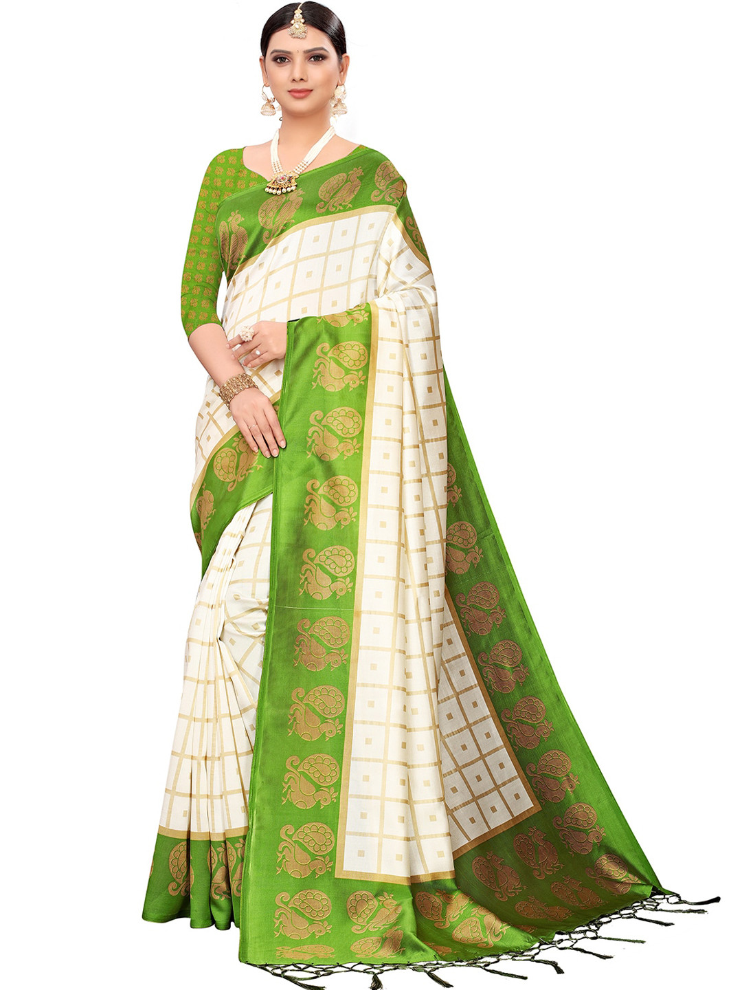 

Leeza Store Woven Design Zari Silk Blend Banarasi Saree, White