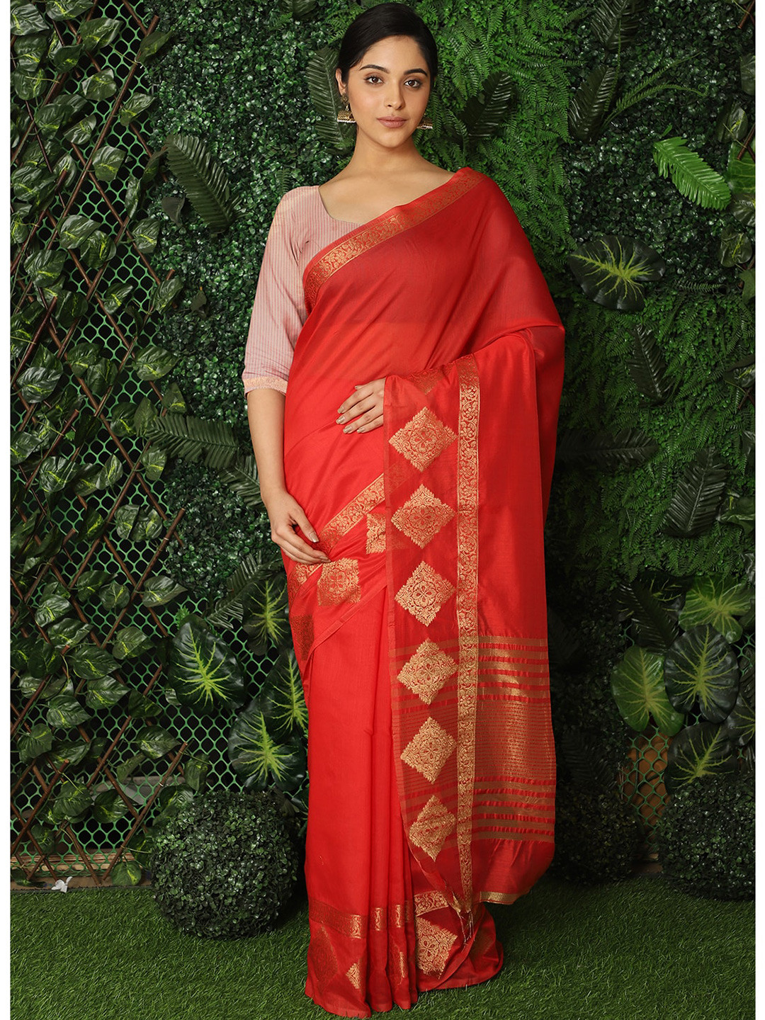 

Leeza Store Zari Silk Blend Banarasi Saree, Orange