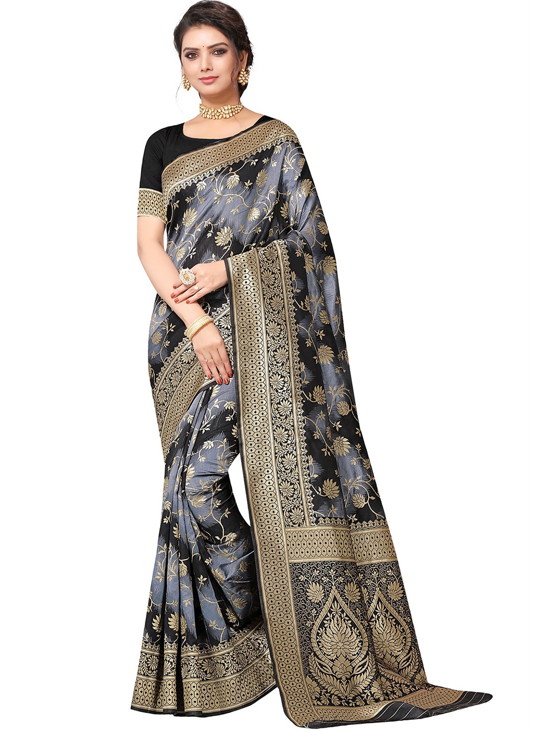 

Leeza Store Ethnic Motifs Zari Silk Blend Banarasi Saree, Black