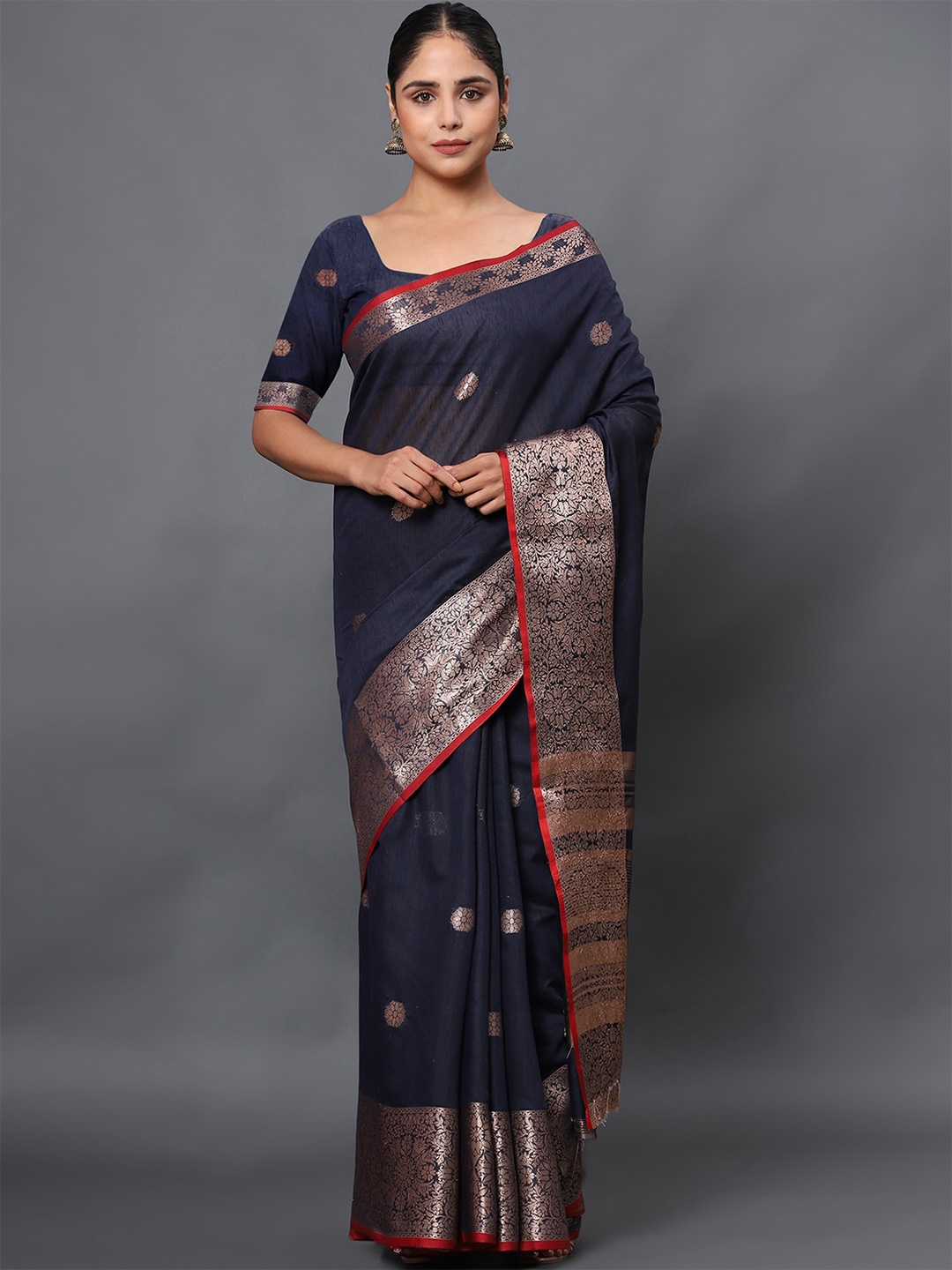 

Leeza Store Navy Blue & Gold-Toned Woven Design Zari Linen Blend Banarasi Saree