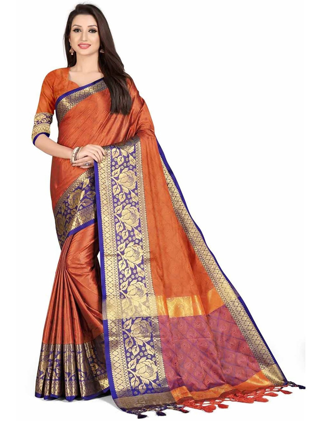 

Leeza Store Ethnic Motifs Zari Silk Blend Banarasi Saree, Orange