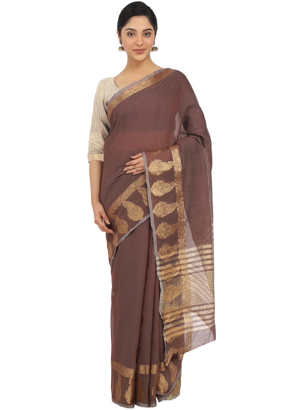 

Leeza Store Zari Silk Blend Banarasi Saree, Brown