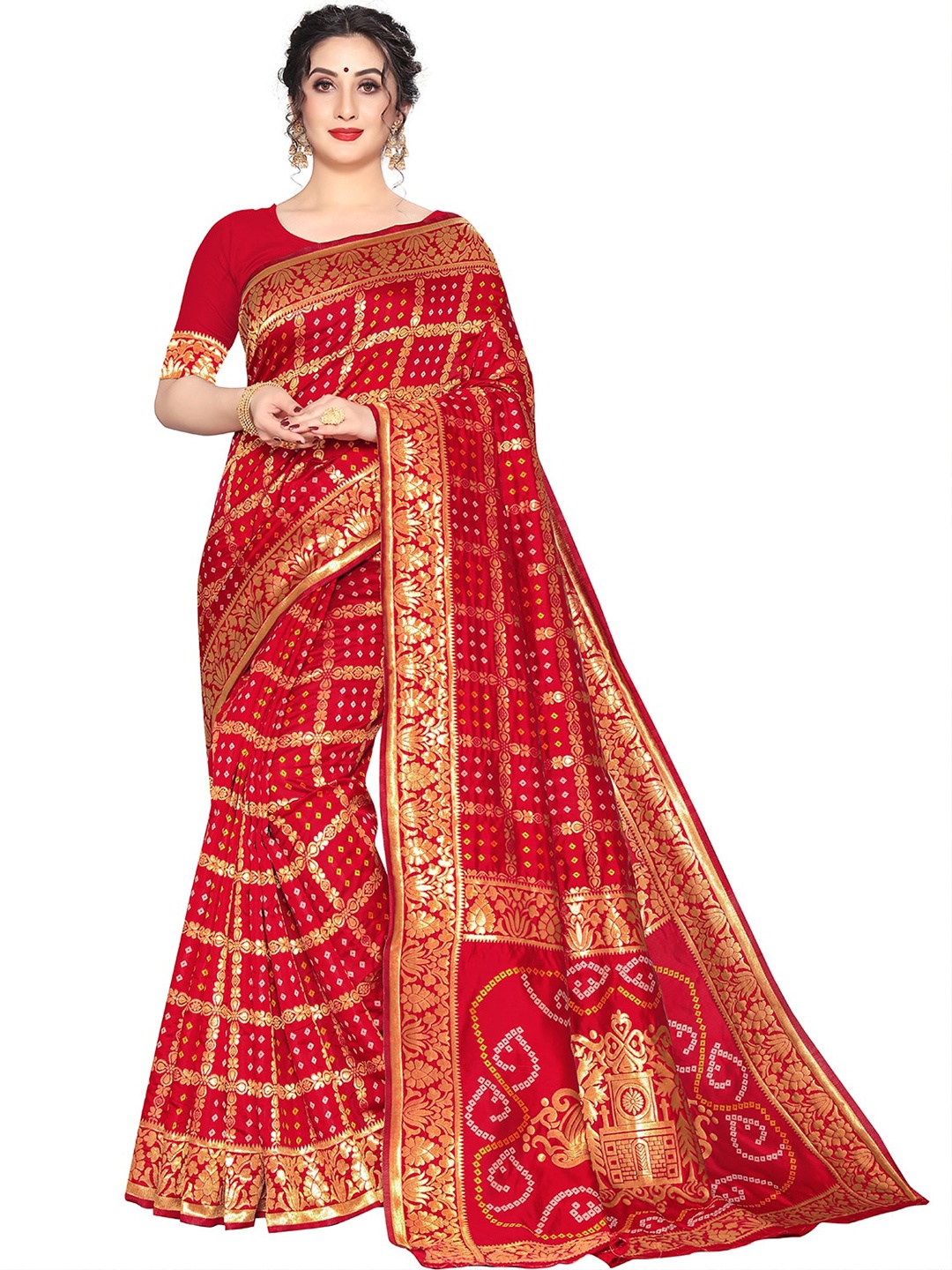 

Leeza Store Ethnic Motifs Zari Silk Blend Bandhani Saree, Red