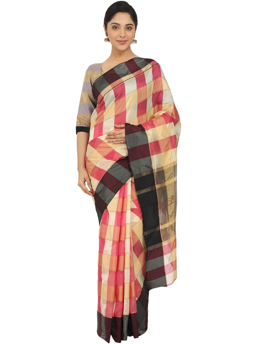 

Leeza Store Checked Zari Banarasi Saree, Pink