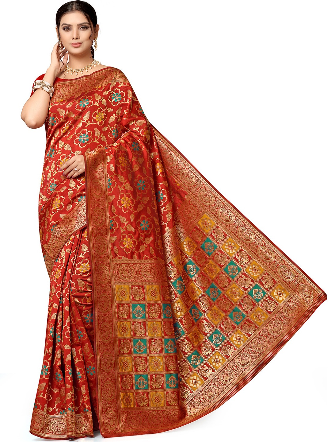 

Leeza Store Floral Zari Silk Blend Banarasi Saree, Red