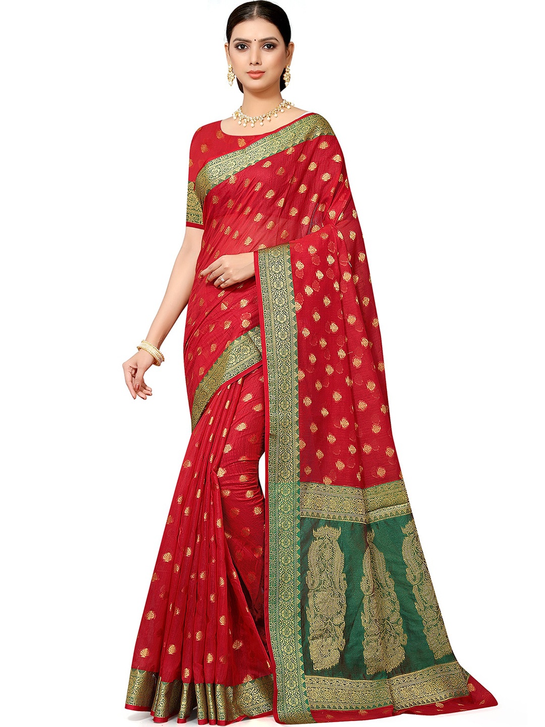 

Leeza Store Ethnic Motifs Zari Silk Blend Banarasi Saree, Red