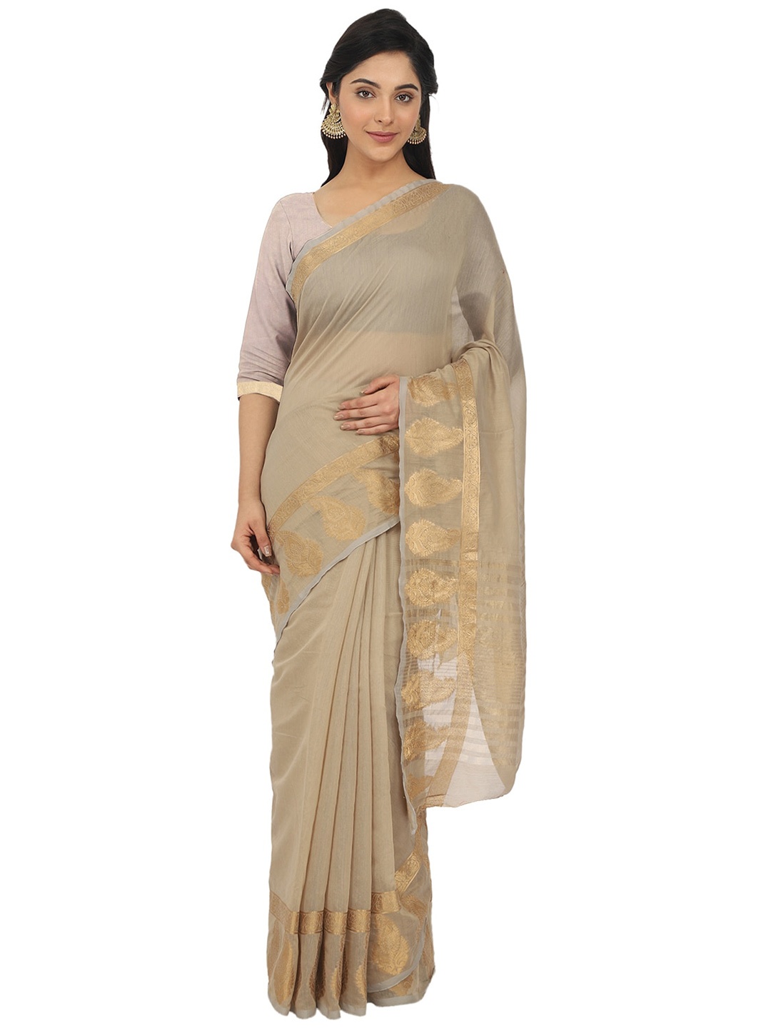 

Leeza Store Zari Silk Blend Banarasi Saree, Beige