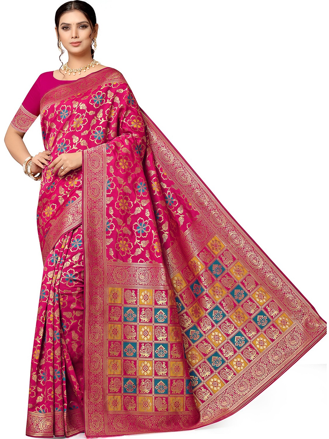 

Leeza Store Floral Zari Silk Blend Banarasi Saree, Pink