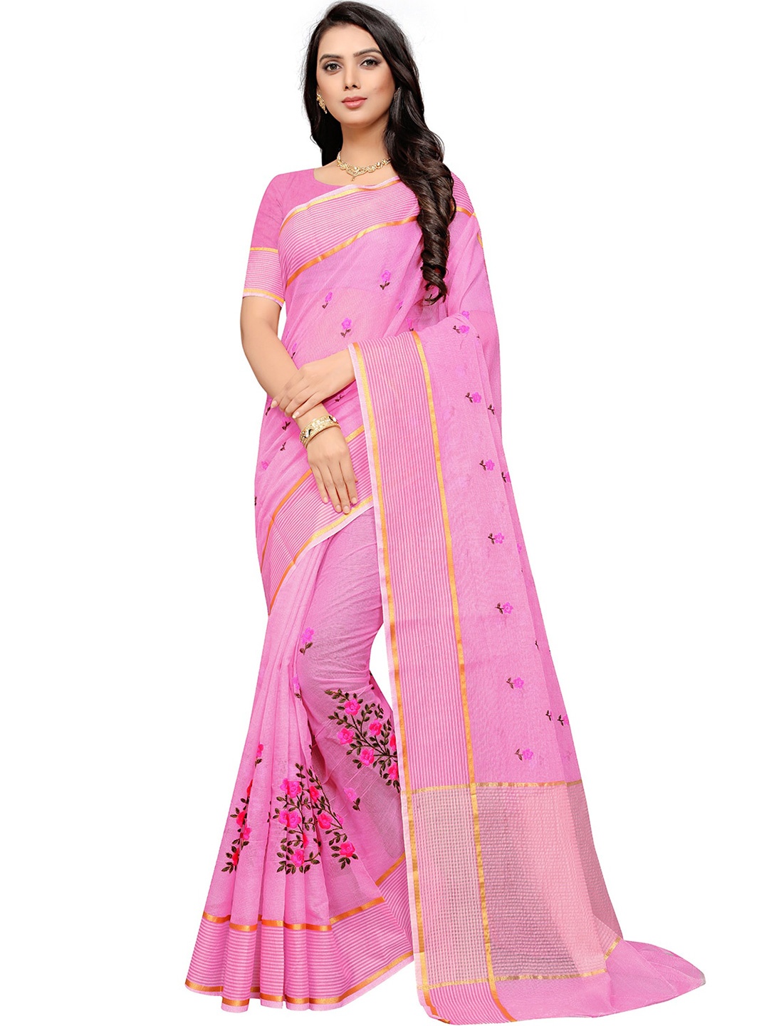 

Leeza Store Floral Embroidered Kota Saree, Pink