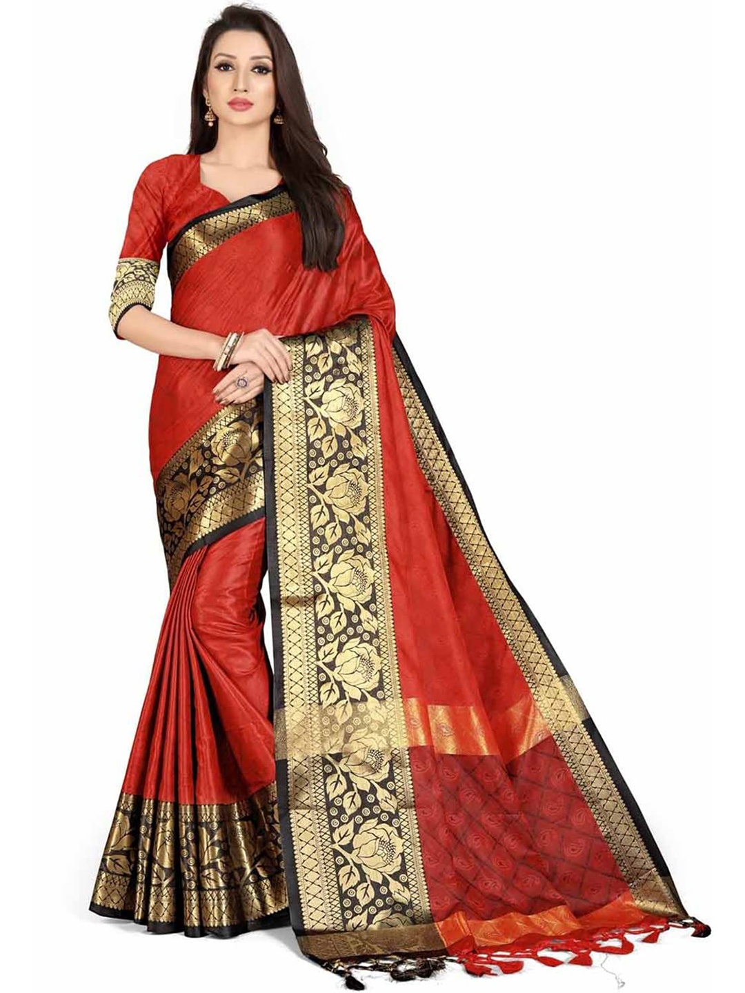 

Leeza Store Ethnic Motifs Zari Silk Blend Banarasi Saree, Orange