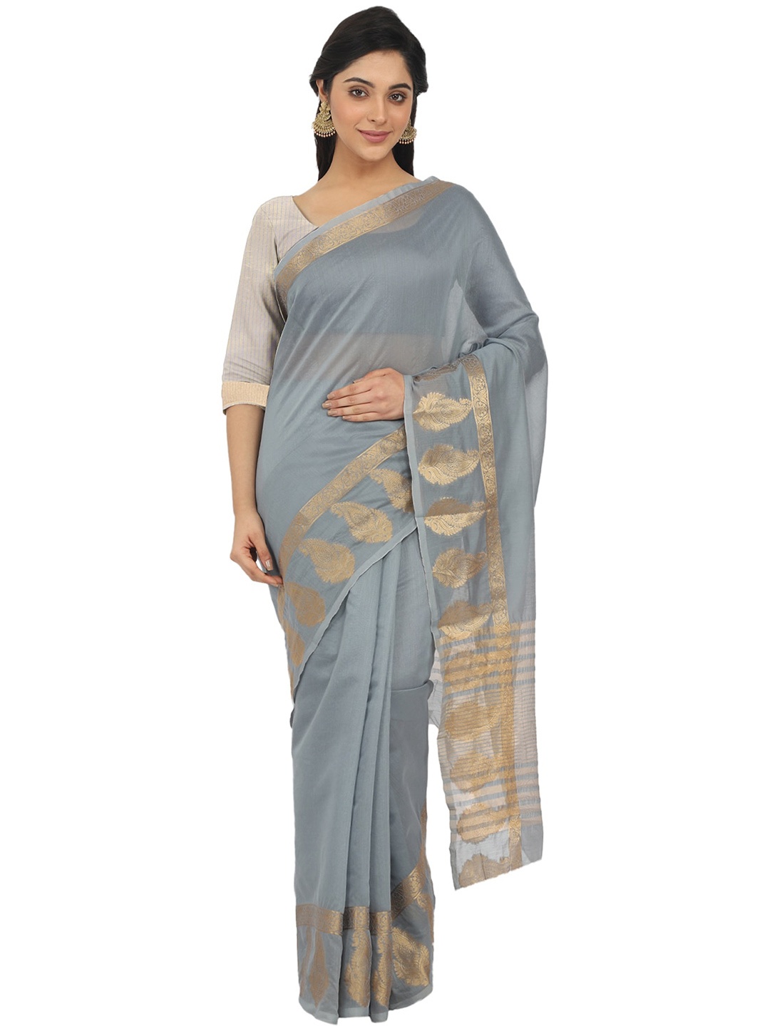 

Leeza Store Zari Silk Blend Banarasi Saree, Grey