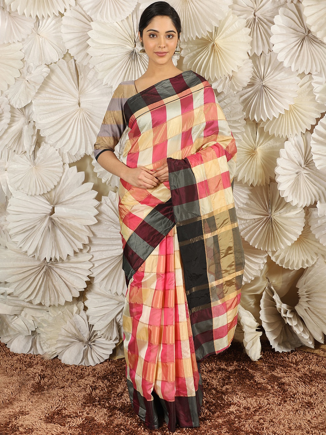 

Leeza Store Checked Banarasi Saree, Pink