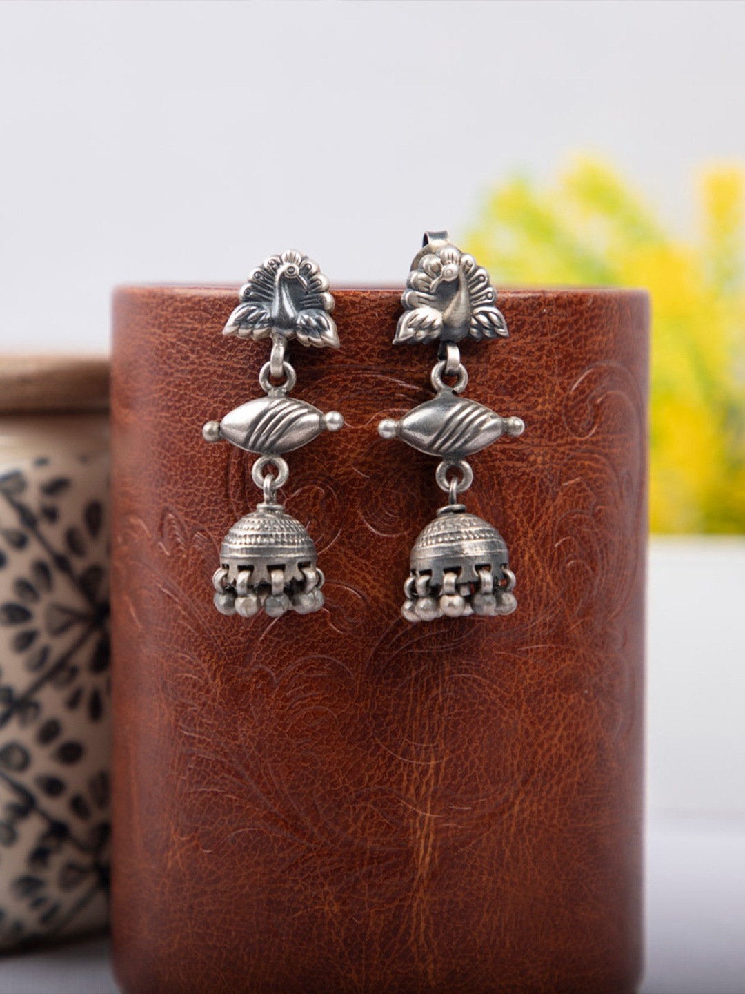 

Arte Jewels Rhodium-Plated Oxidised Peacock Shaped Jhumkas Earrings, Silver