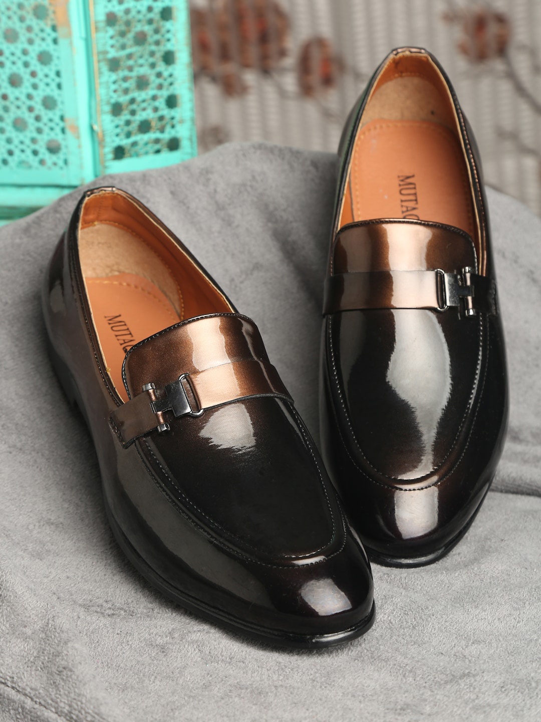 

MUTAQINOTI Men Patent Leather Formal Loafers, Brown
