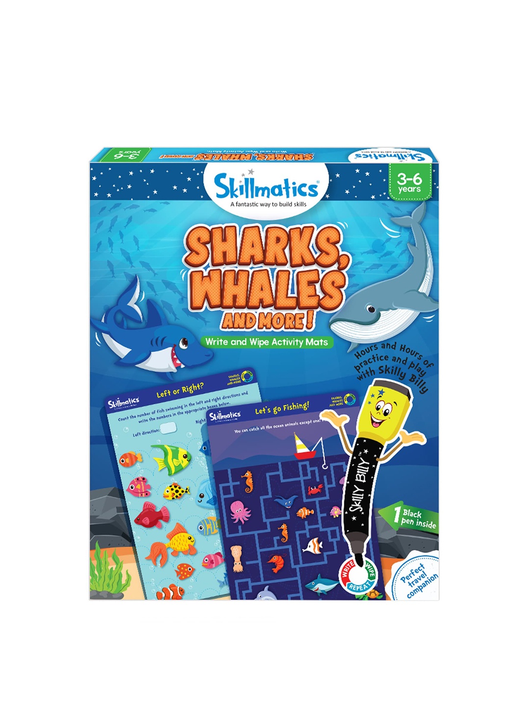 

Skillmatics Kids Sharks Whales & More Reusable Mat Activity Games, Blue