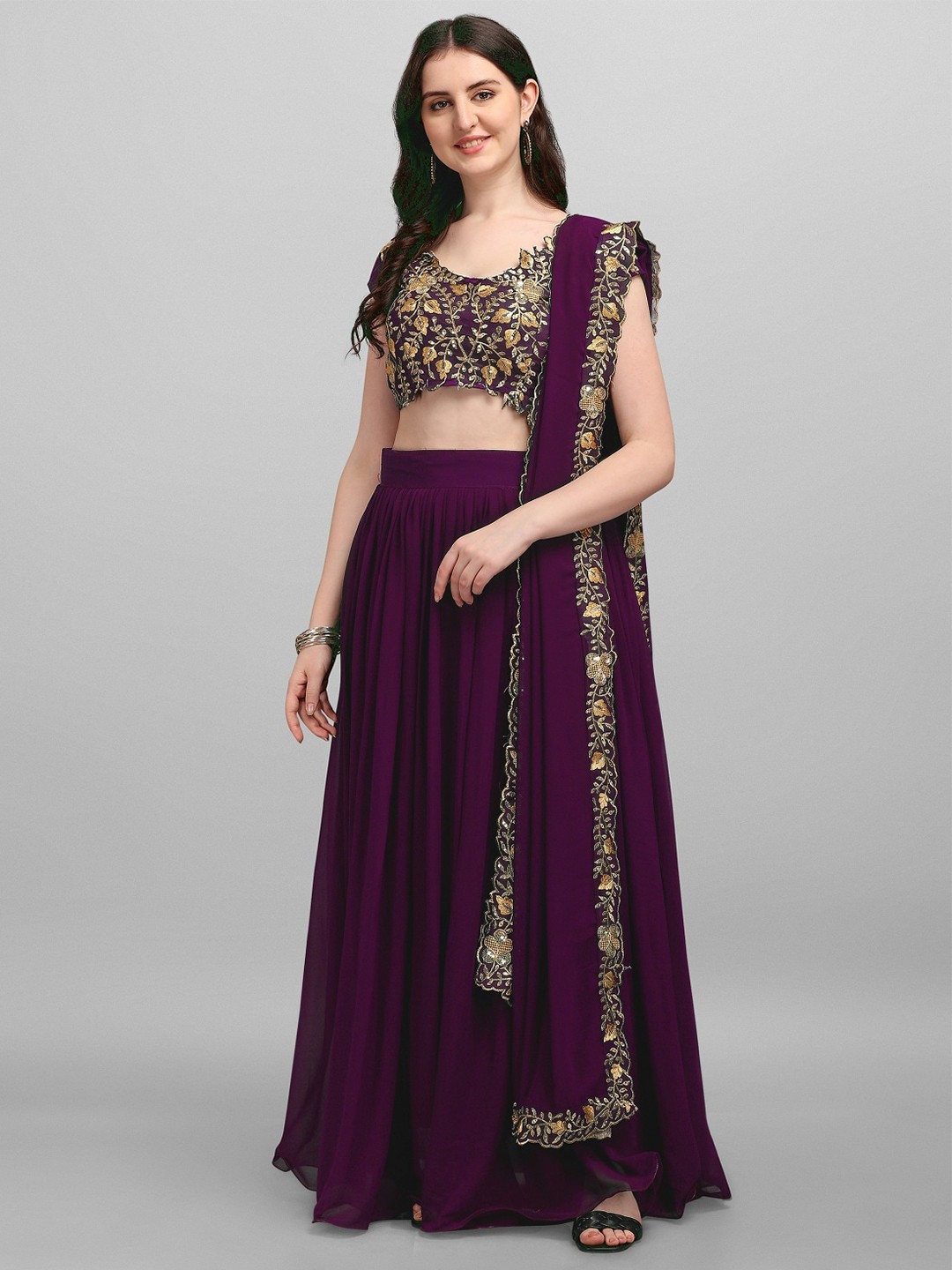 

Fashionuma Embroidered Semi-Stitched Lehenga Choli With Dupatta, Purple