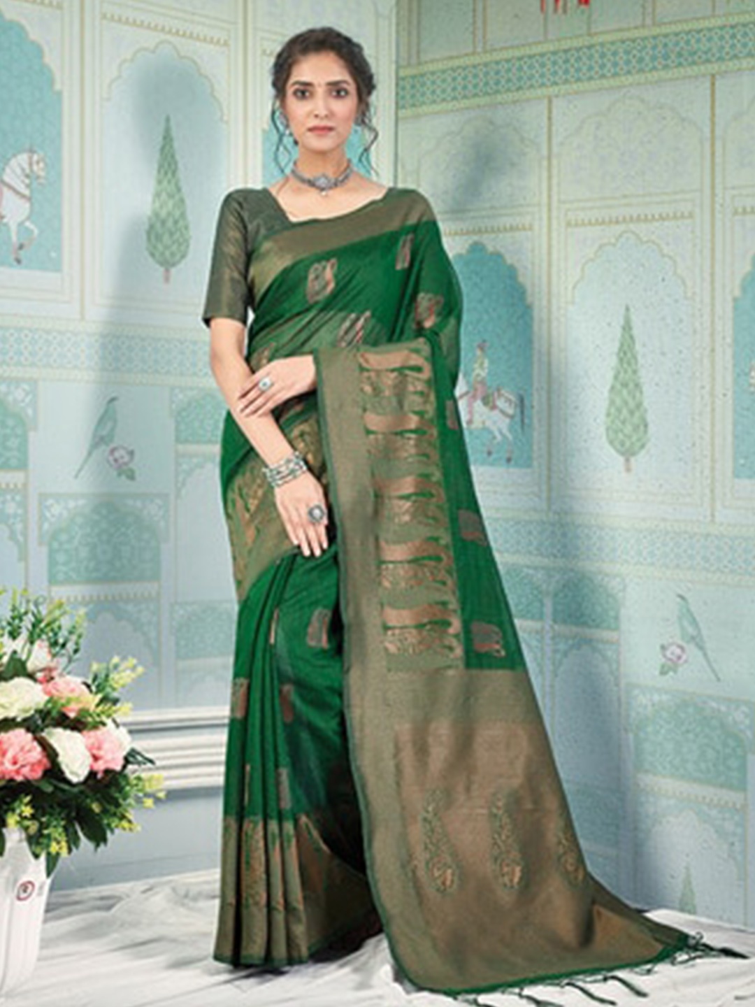 

Exclusiva Woven Design Zari Pure Cotton Saree, Green