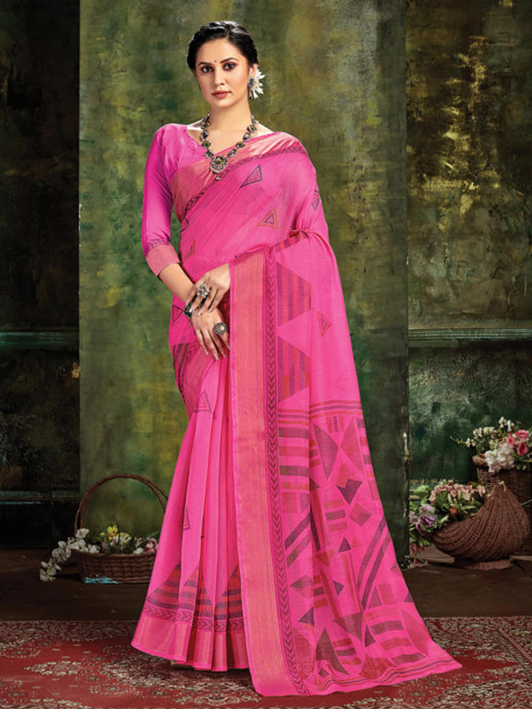 

Exclusiva Geometric Printed Pure Cotton Saree, Pink