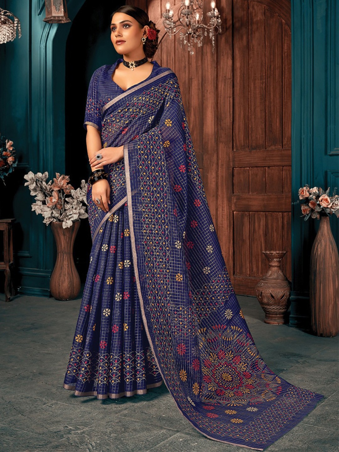 

Exclusiva Floral Printed Pure Cotton Saree With Blouse Piece, Blue