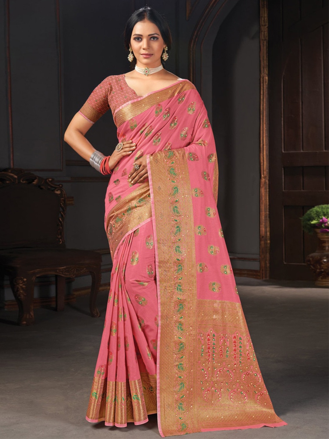 

Exclusiva Woven Design Zari Pure Cotton Saree, Pink