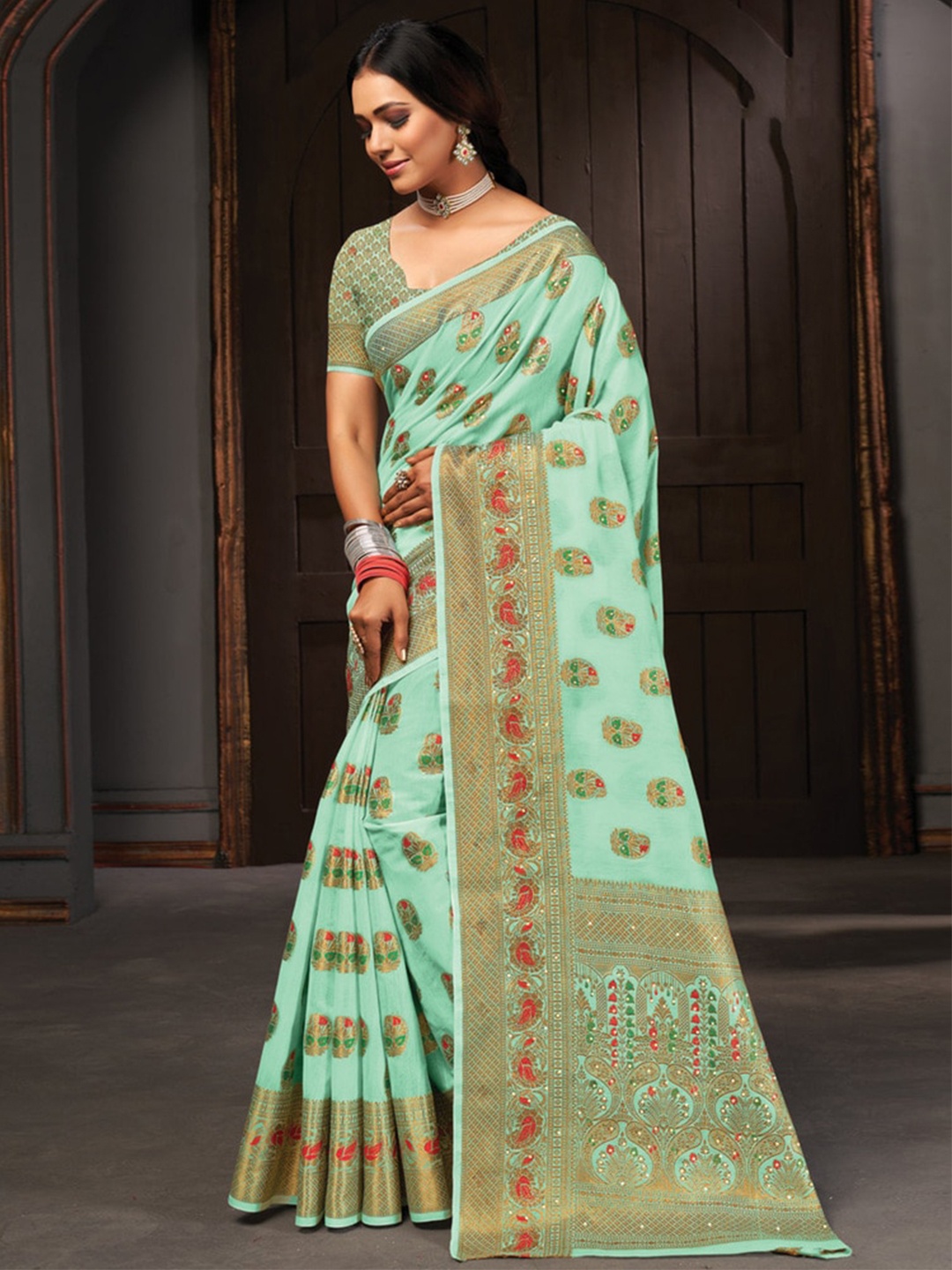 

Exclusiva Woven Design Zari Pure Cotton Saree, Sea green