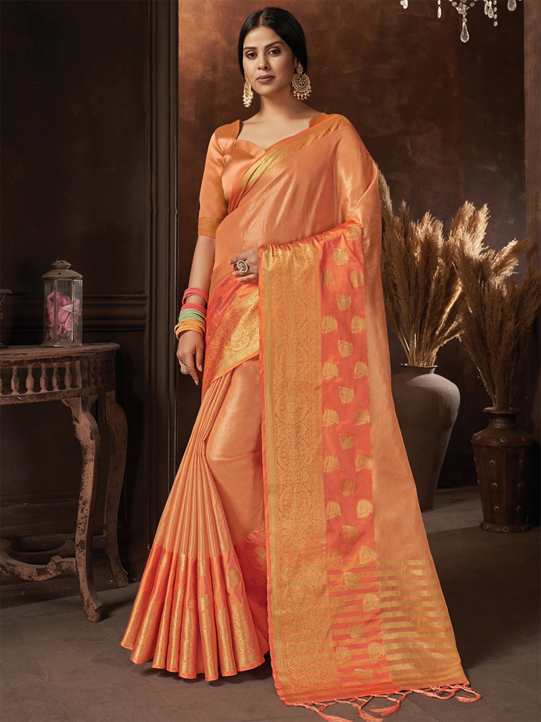 

Exclusiva Woven Design Zari Organza Saree, Orange