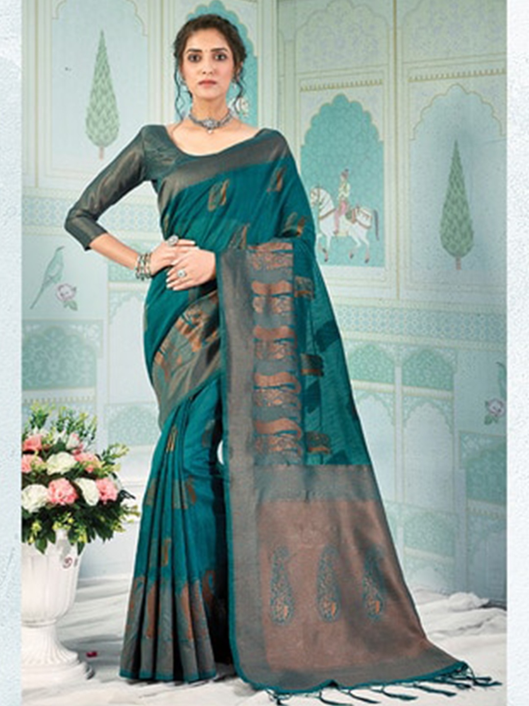 

Exclusiva Woven Design Zari Pure Cotton Saree, Green