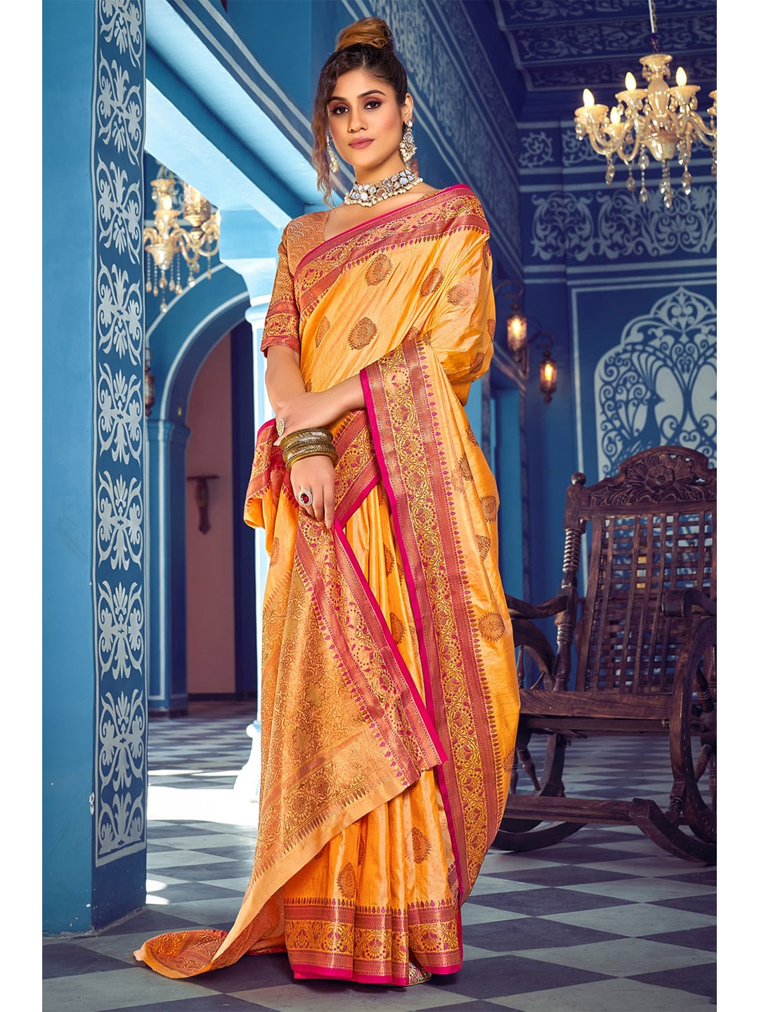

Exclusiva Ethnic Motifs Zari Silk Blend Banarasi Saree, Mustard
