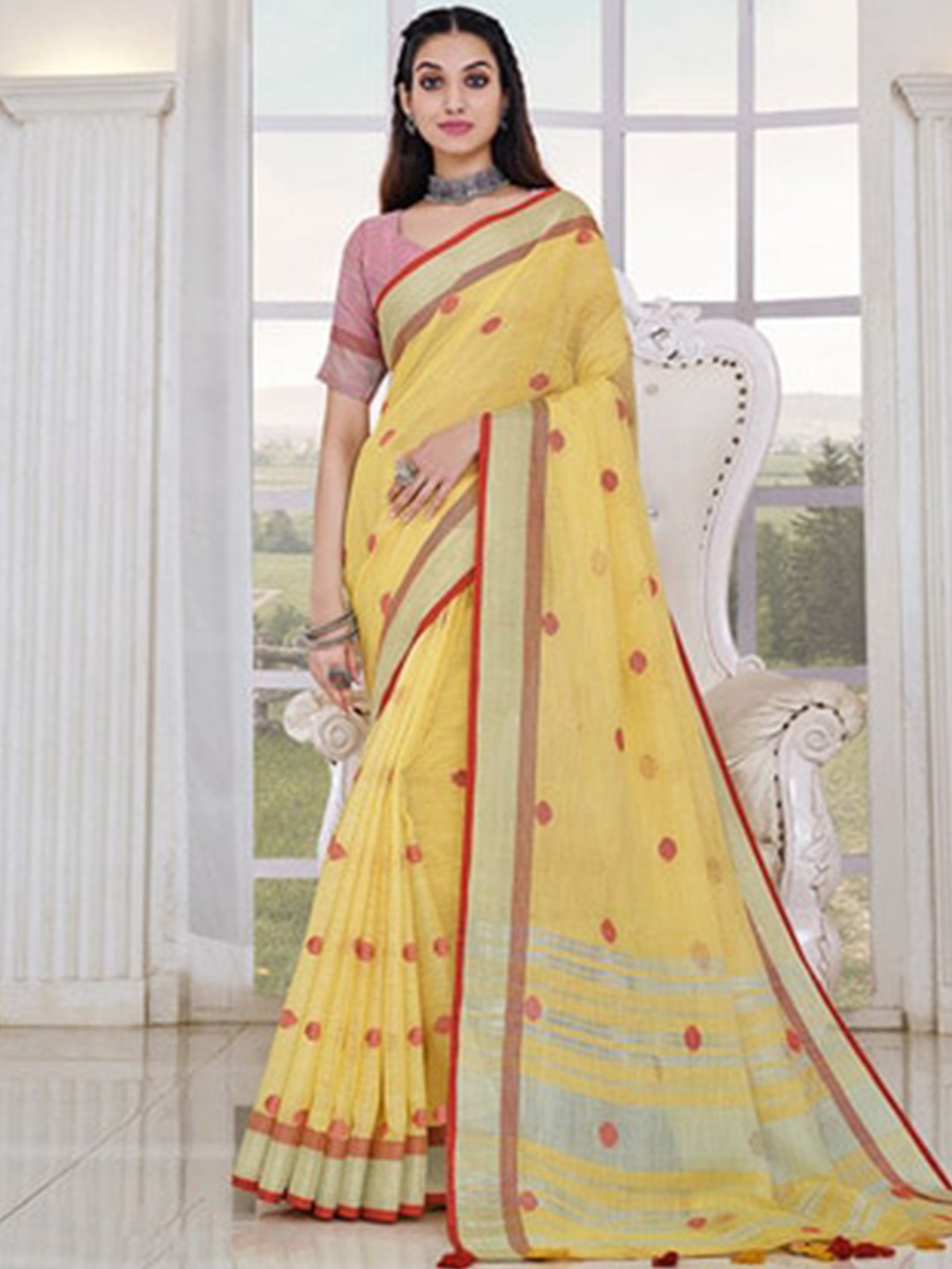 

Exclusiva Ethnic Motifs Pure Linen Saree, Yellow