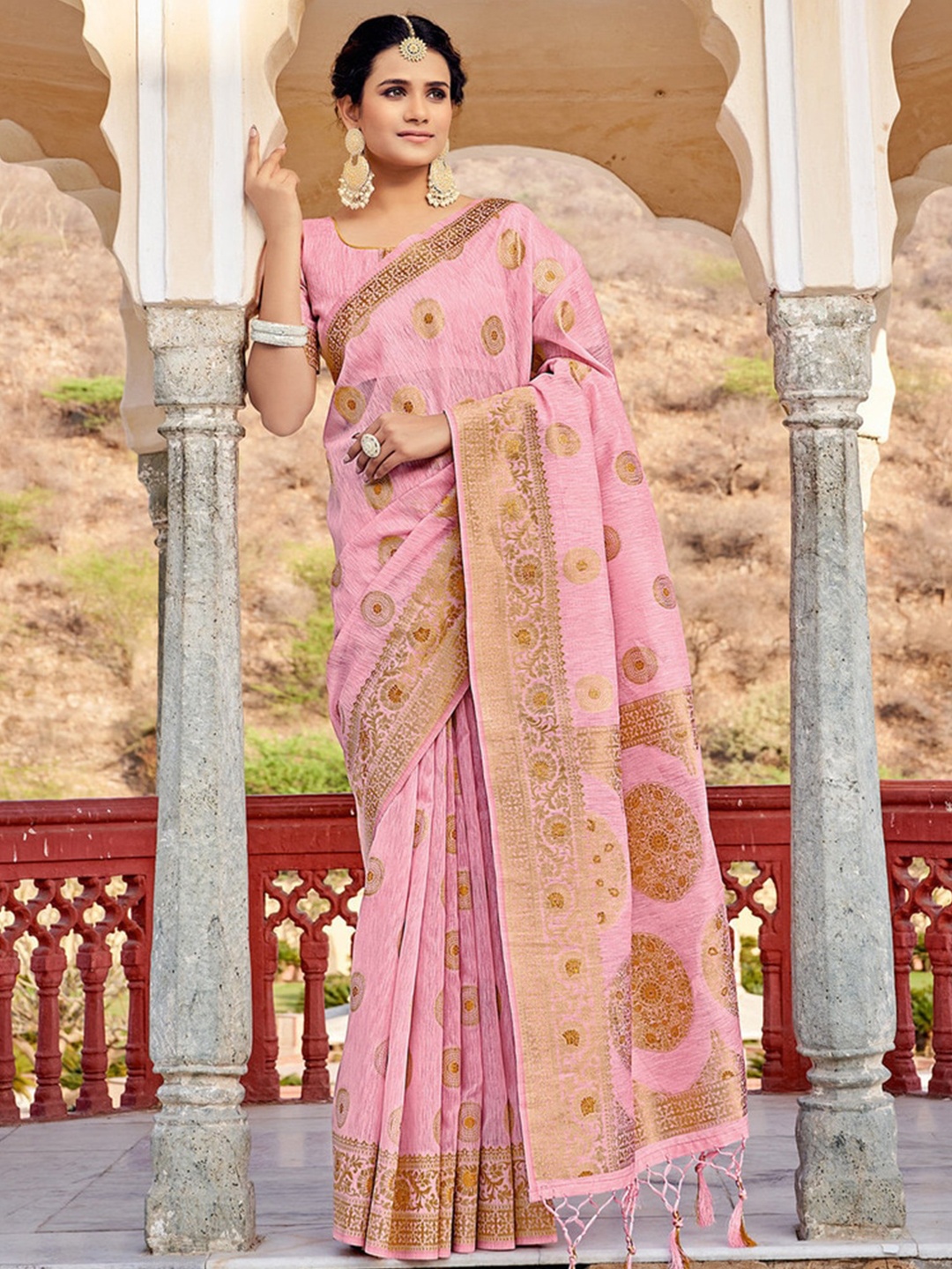 

Exclusiva Woven Design Pure Linen Zari Saree, Pink