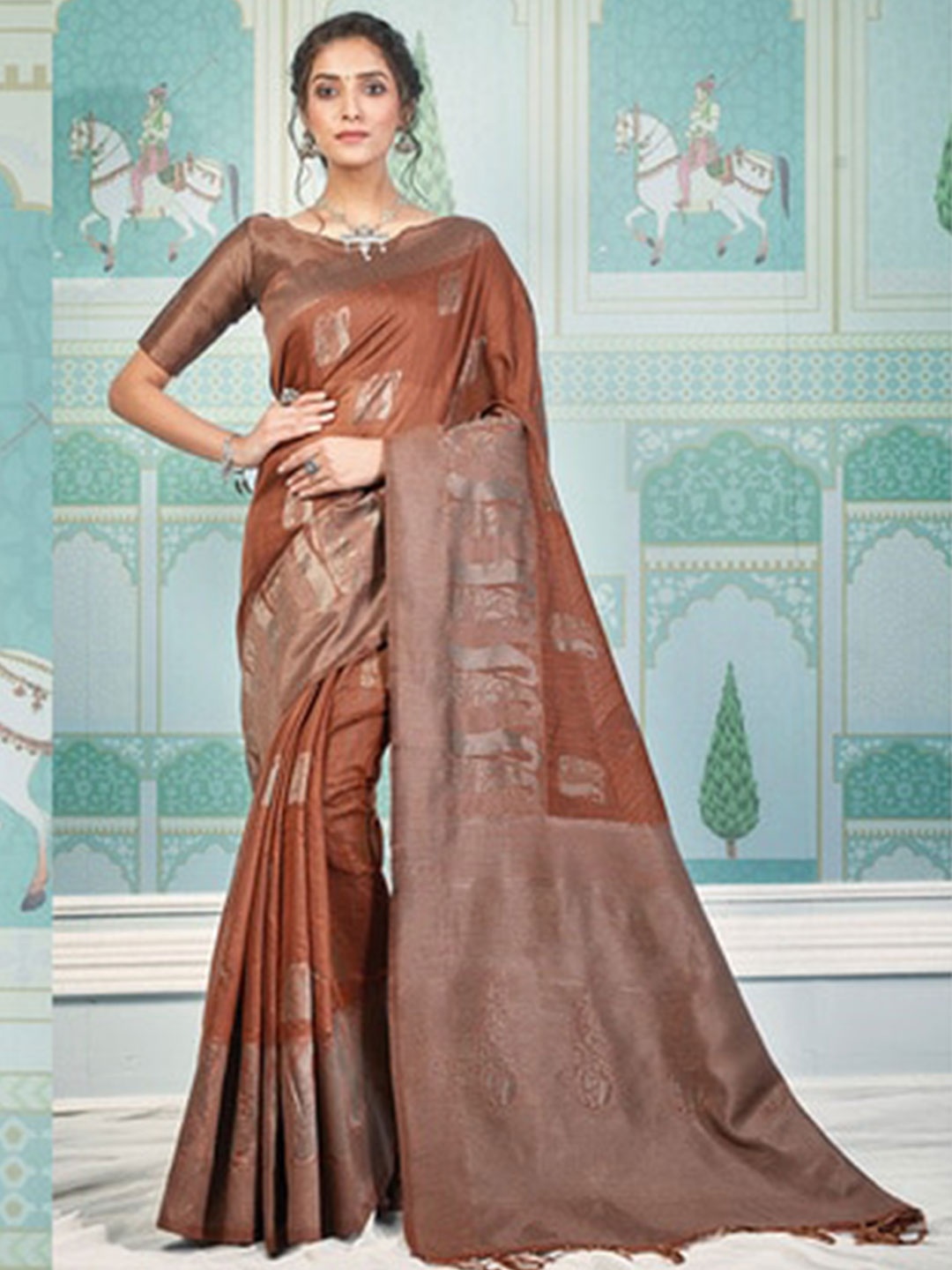 

Exclusiva Ethnic Motifs Zari Pure Cotton Saree, Brown