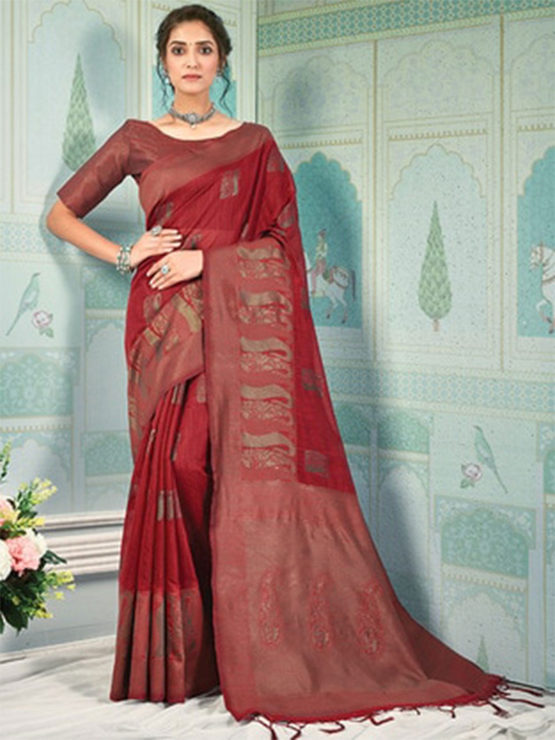 

Exclusiva Woven Design Pure Cotton Saree, Maroon