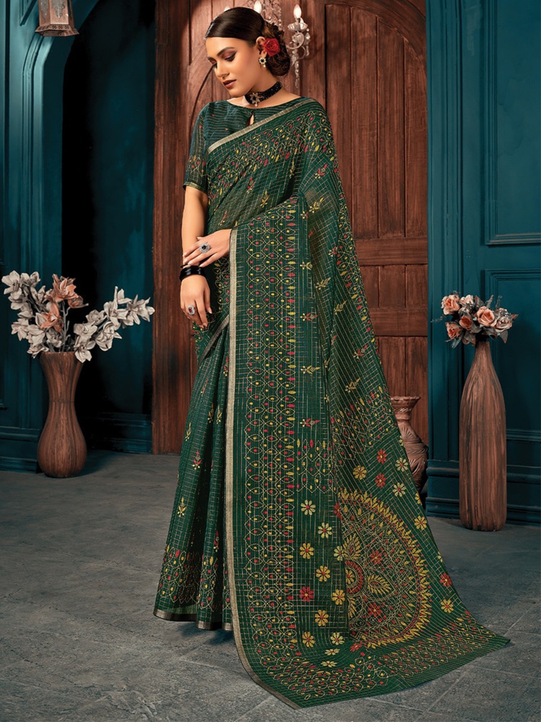 

Exclusiva Woven Design Zari Pure Cotton Saree, Green