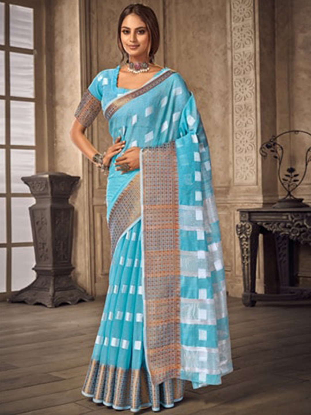 

Exclusiva Woven Design Zari Pure Linen Saree, Blue