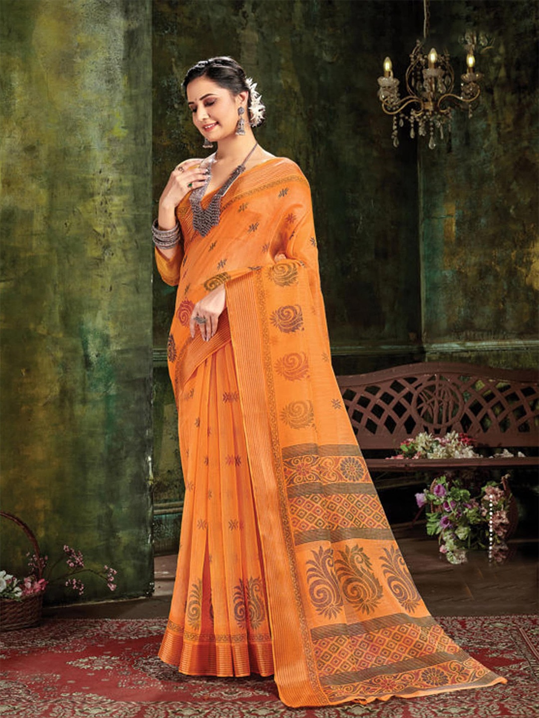 

Exclusiva Ethnic Motifs Zari Pure Cotton Saree, Orange