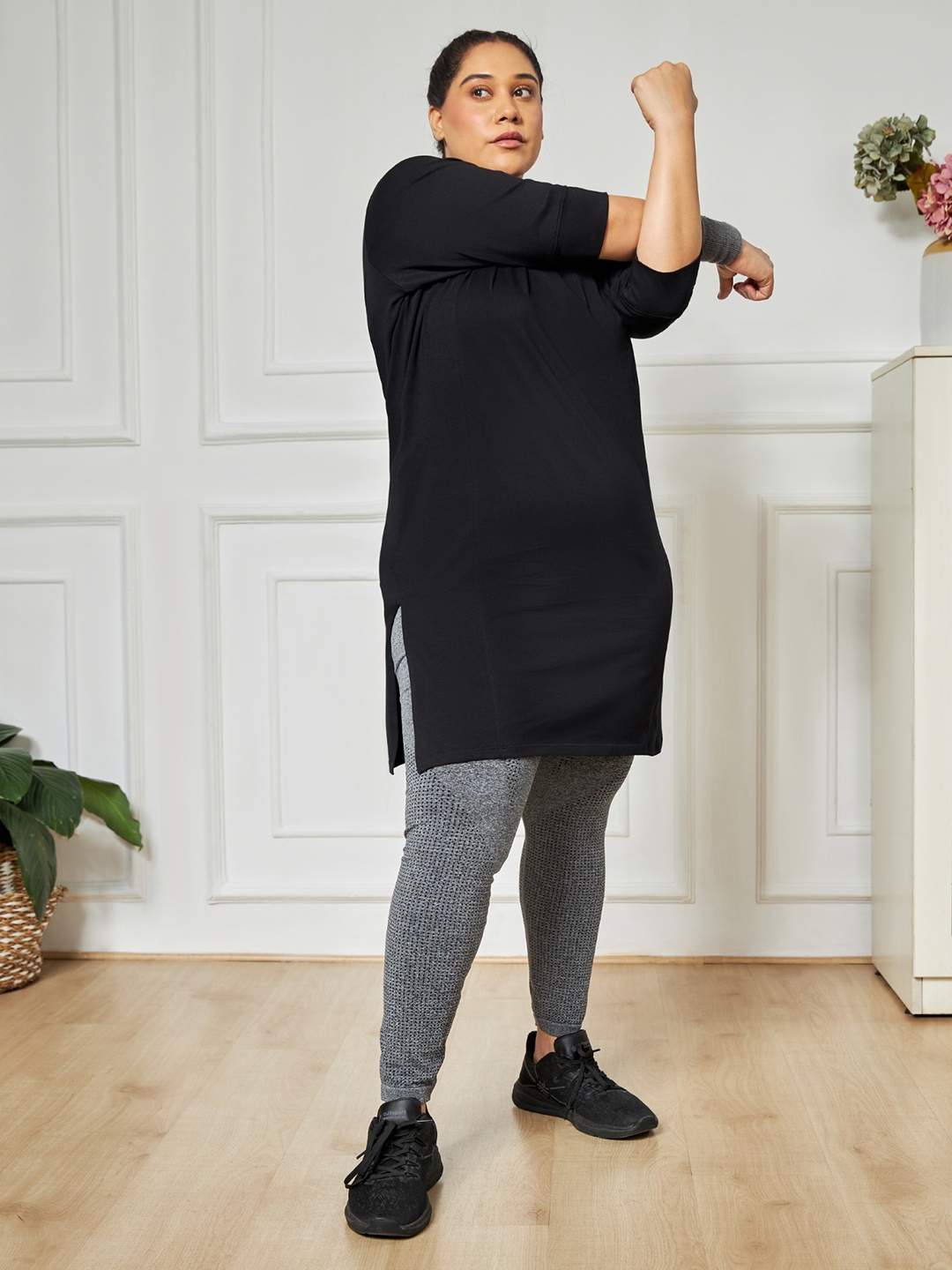 

CULT Mandarin Collar Solid Active Kurti Style Top with Side Pocket, Black