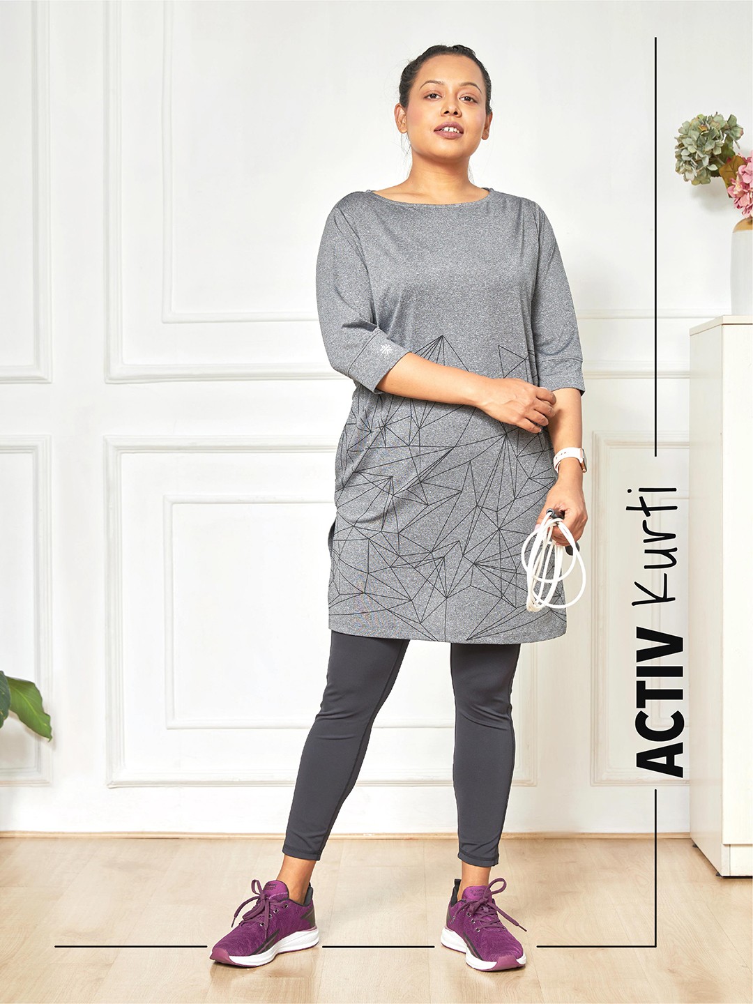

Cultsport Geometric Printed Active Kurti with Side Pocket, Grey
