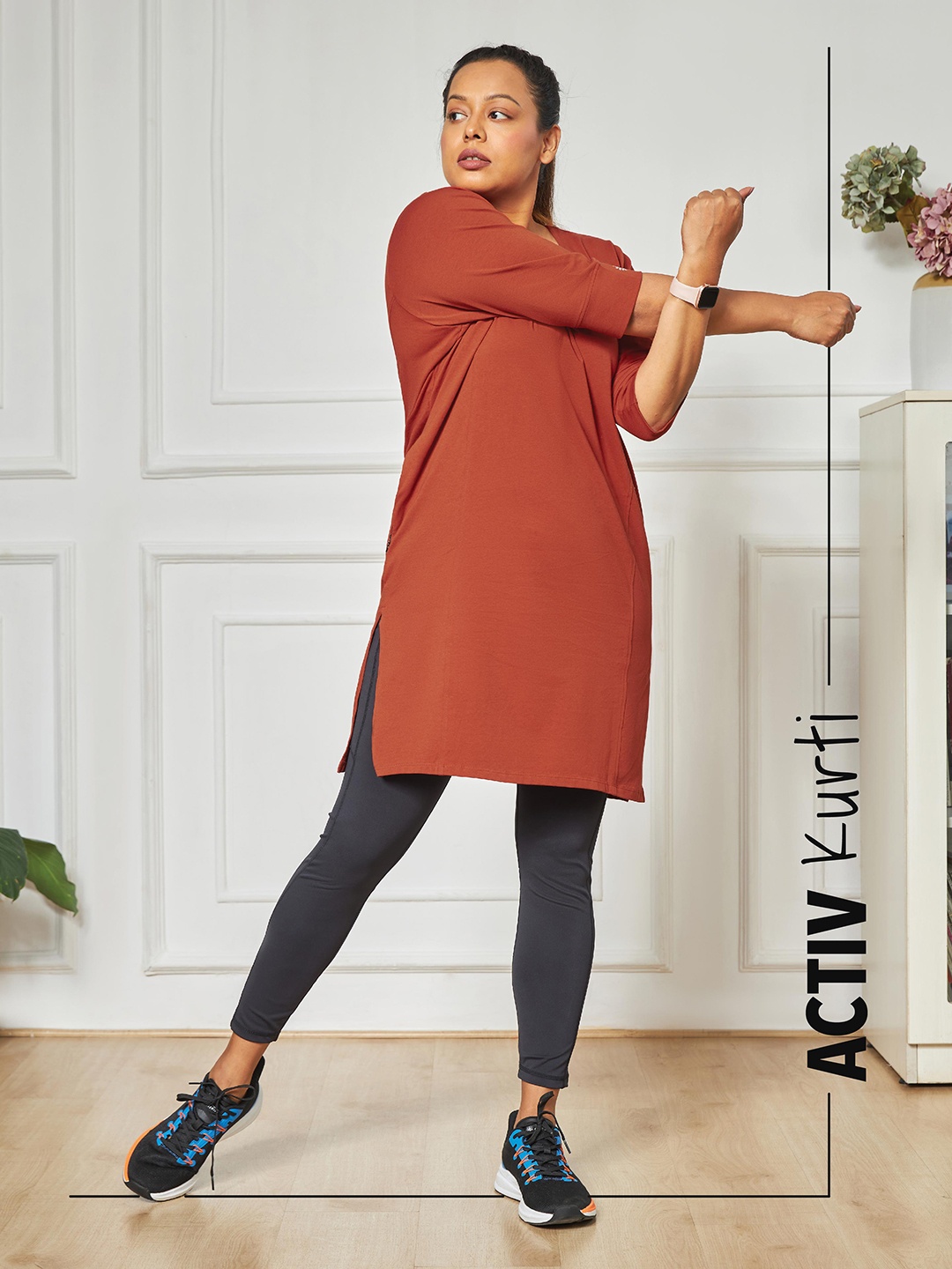 

Cultsport Solid Active Kurti Style Top with Side Pocket, Rust