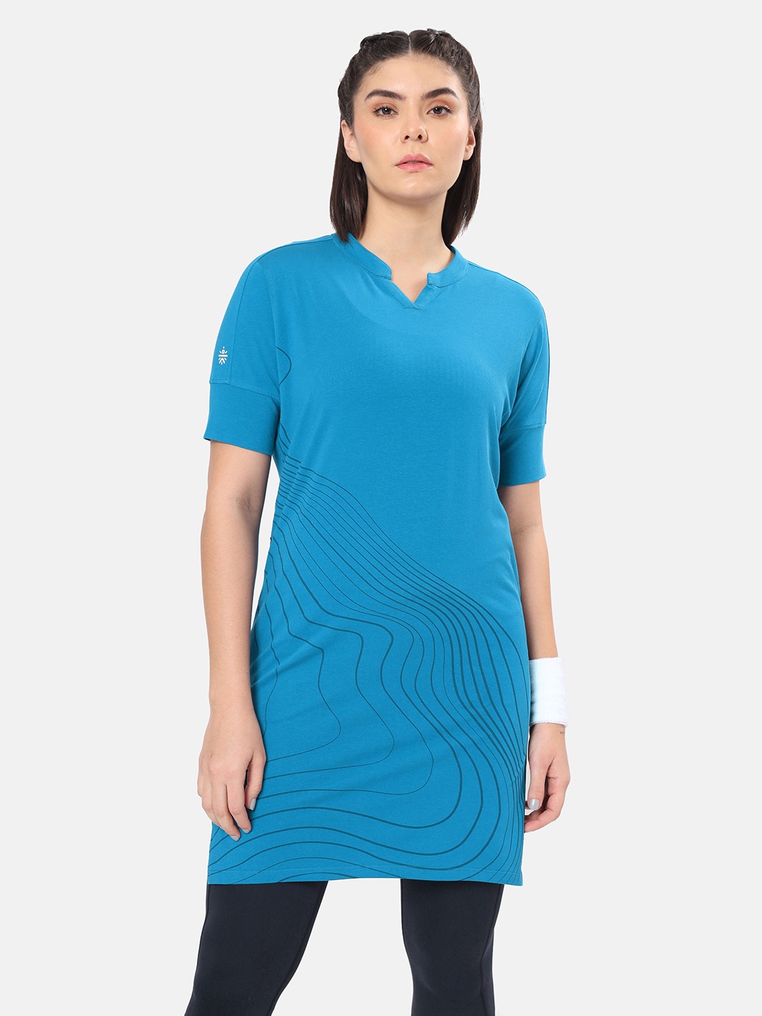 

CULT Mandarin Collar Printed Active Kurti Style Top With Side Pocket, Blue