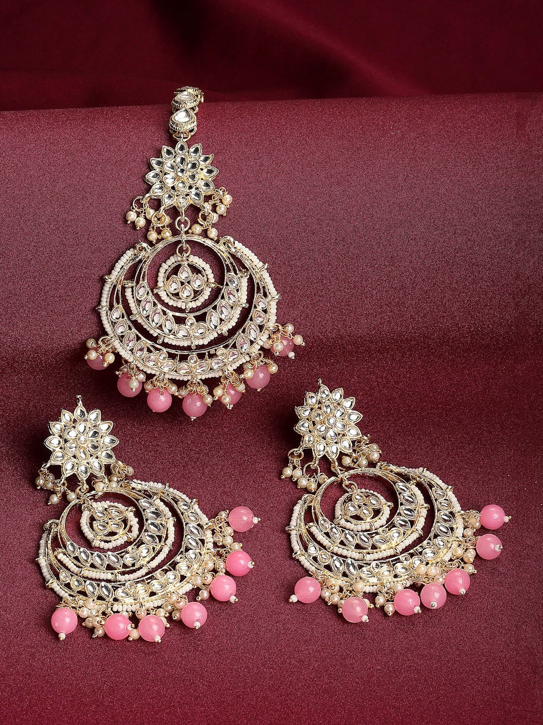 

ZENEME 18 K Gold Plated White Kundan Stone Studded & Pink Pearl Beaded Earring With Mangtikka Jewellery Set