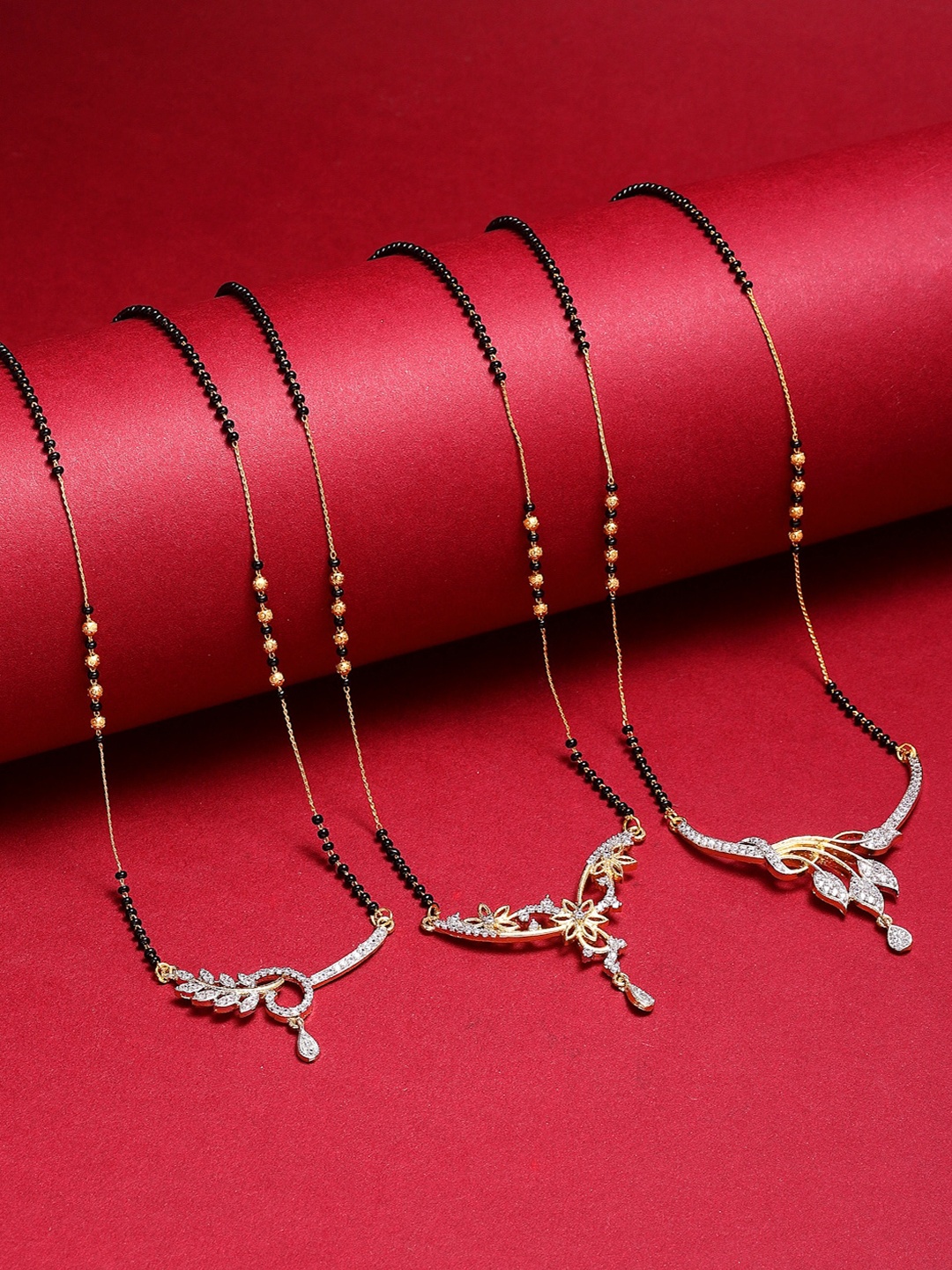 

ZENEME Set Of 3 Gold-Plated Stone Studded & Beaded Mangalsutra, Black