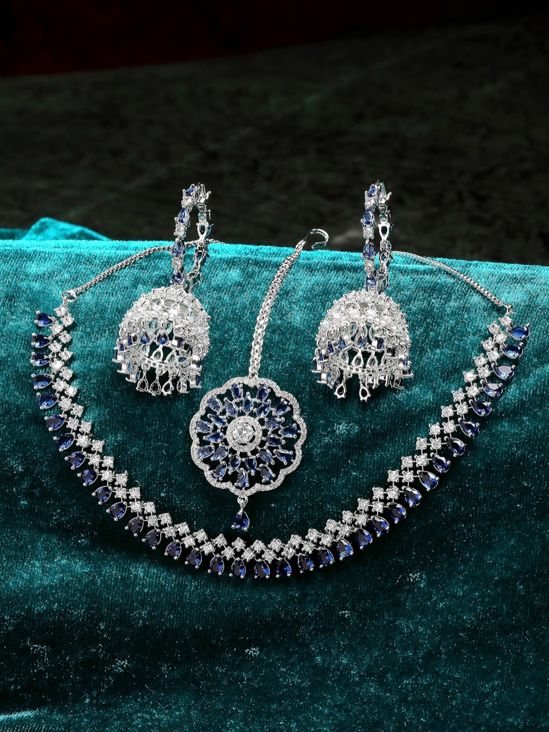 

ZENEME Silver-Plated Rhodium Toned AD-Studded Jewellery Set, Blue