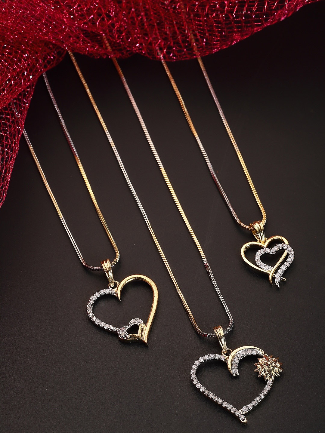 

ZENEME Set Of 3 Gold-Plated & Cubic Zirconia Stone-Studded Heart Shaped Pendant With Chain