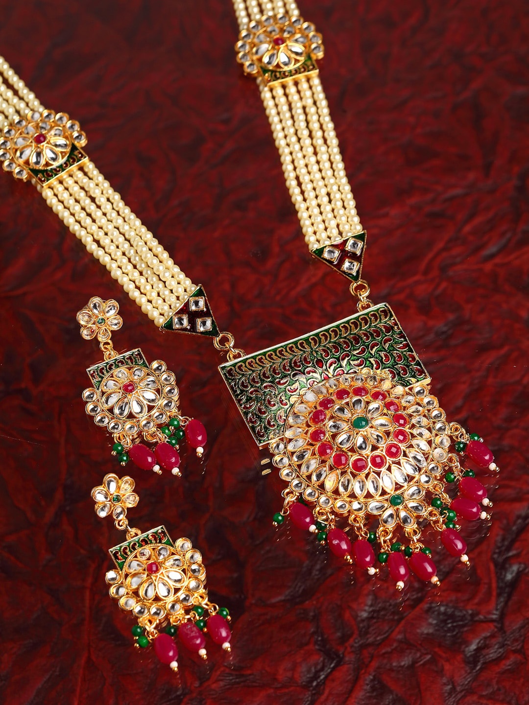 

ZENEME Gold-Plated Kundan-Studded & Beaded Meenakari Jewellery Set